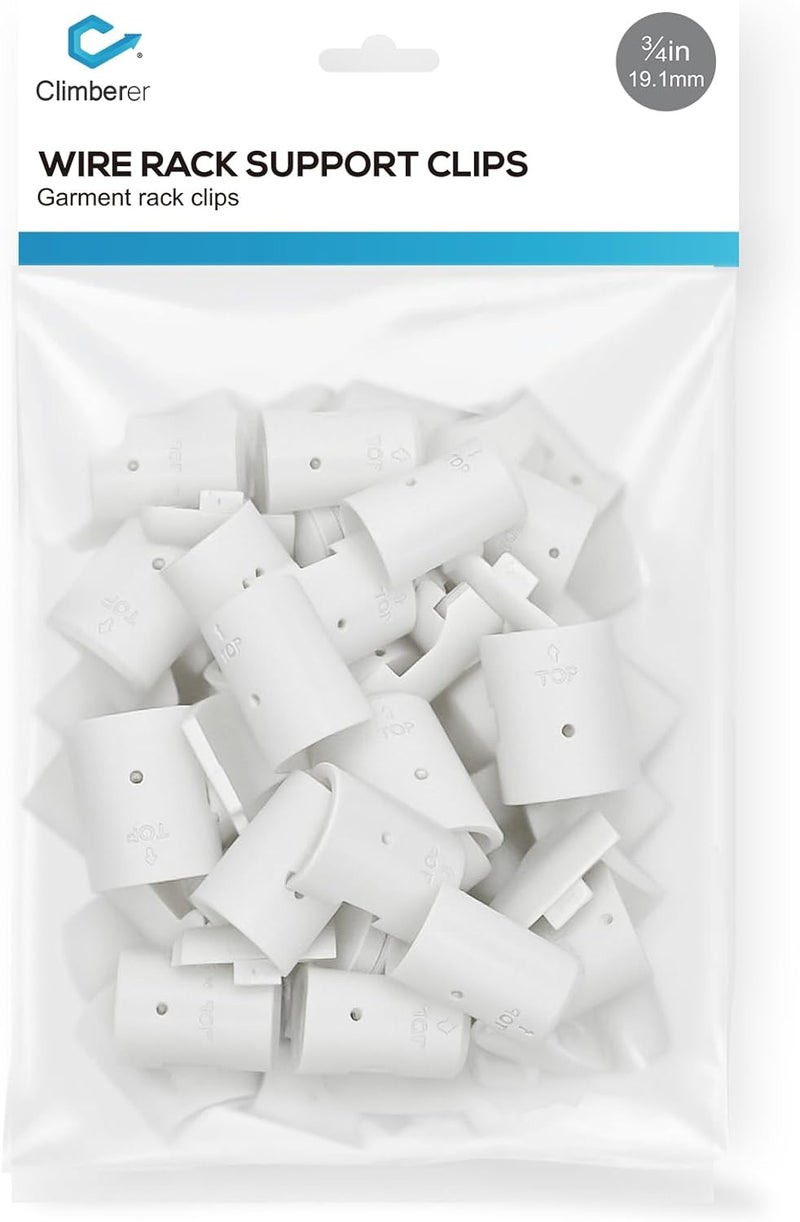 Climberer 20 Pairs of 3/4-Inch（19.1mm） Wire Shelf Clips for Metal Shelving & Garment Racks – Plastic Locking Clips, Adjustable Layer Spacers (White, 3/4) - Image 1